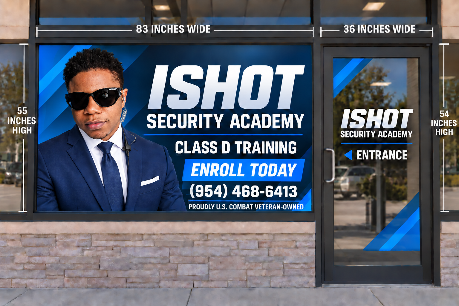Proposed ISHOT Security Academy window and entrance-door signage shown on the storefront